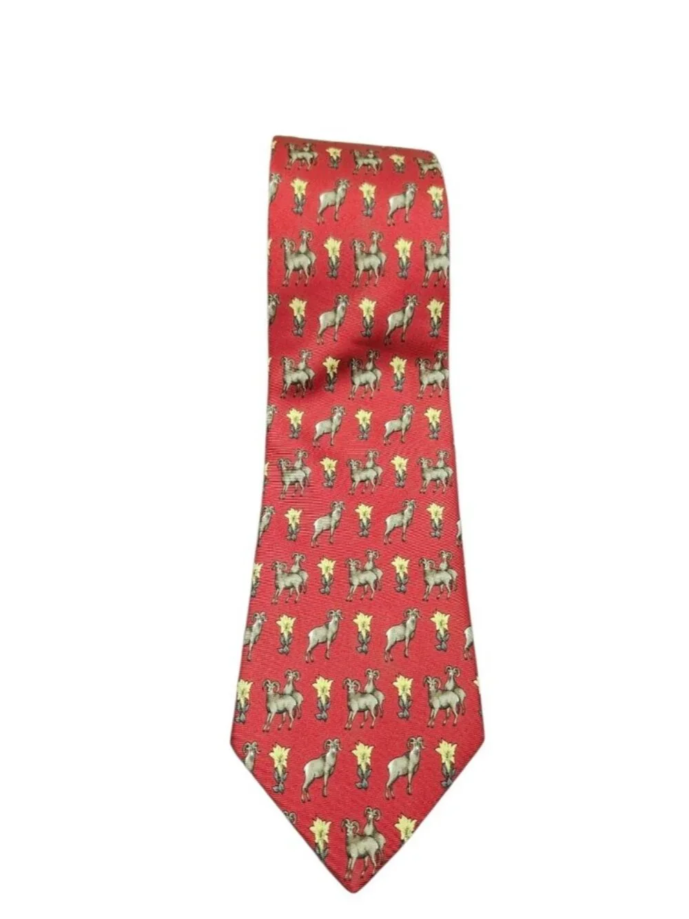 Burberrys Vintage Red Silk Ram Animal Print Tie Hand Made USA